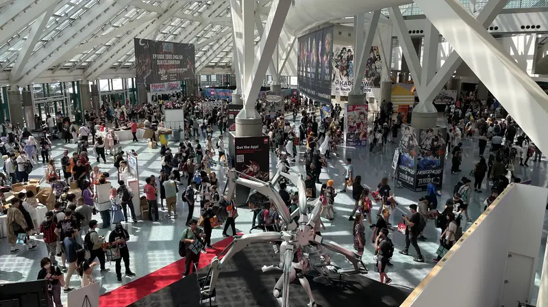Advertisements and displays fill the south hall lobby.